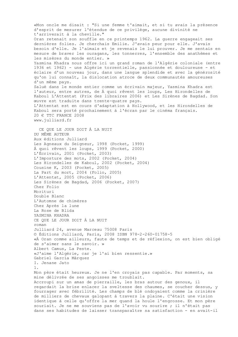 Khadra Yasmina Ce Que Le Jour Doit A La Nuit